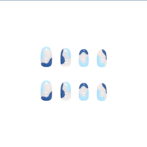 Blue and white wave pattern press-on nails with oval shape and glossy finish