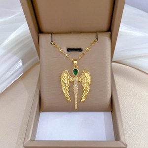 Angel Wings Pendant Necklace Stainless Steel Copper With Green Waterdrop Gemstone Rhinestone Elegant Gold Tone For Women