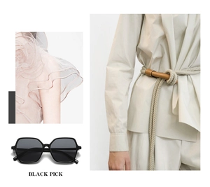 Collage of black geometric large frame sunglasses and stylish fashion outfit