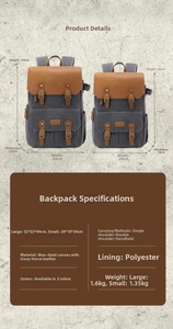 Size chart showing large and small waterproof canvas camera backpack dimensions and specs