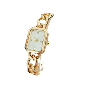 Elegant gold square watch for women with chain strap and diamond markers on white dial
