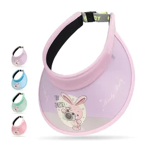 Children Sun Visor Hat Empty Top UV Protection Polyester PVC Adjustable Cartoon Rabbit Camera Large Brim Summer For Kids