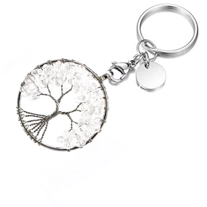 Silver tree of life keychain with white crystal gravel and metal circular lobster clasp