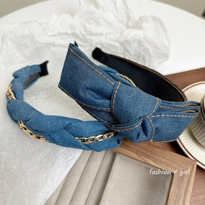 Denim bow headband and braided chain hair hoop set in vintage dark blue denim fabric