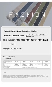 Detailed size chart and specifications for nylon canvas belt with alloy buckle for men