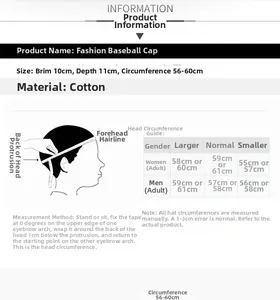 Detailed size chart for breathable mesh baseball cap with cotton material dimensions