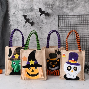 Halloween Candy Bags Linen Tote Portable Gift Treat Sacks Pumpkin Witch Black Cat Skeleton For Trick Or Treat Party Favors