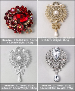 Detailed view of luxury crystal brooches with size and weight specs for wedding decor