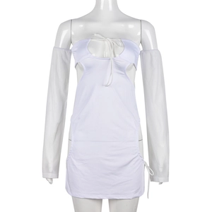 Sexy white cut-out bodycon mini dress with lace-up details and detached long sleeves