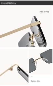 Detail view of gold metal hinges and silicone nose pads on rimless square sunglasses