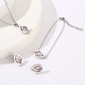 Minimalist silver stainless steel jewelry set with pink teardrop gemstones for women