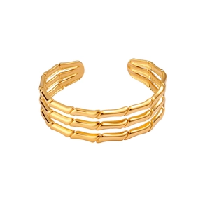 Minimalist 18K gold plated C-shaped triple layer bamboo style open cuff bracelet for women