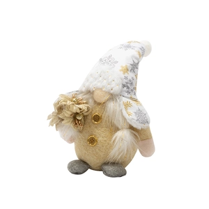 Christmas gnome plush with gold snowflake knit hat, fluffy white beard and sequin flower