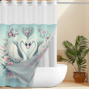 Detail of waffle weave shower curtain featuring romantic swan and pink rose heart print