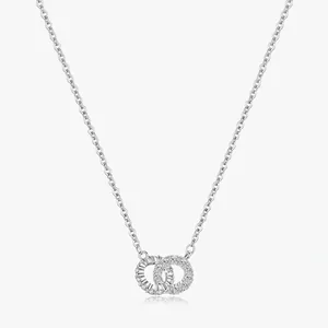 Elegant 925 Sterling Silver Double Interlocking Ring Pendant Necklace For Women Chic Pavé Rhinestone Geometric Jewelry