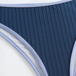 Close-up of blue ribbed bikini fabric with purple trim and textured vertical stripes