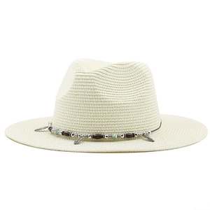 Detail of straw sun hat with bohemian beaded band and silver feather charms