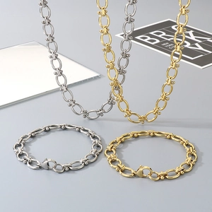 Thick 18K gold plated and silver stainless steel Cuban chain necklace and bracelet set
