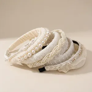 French vintage cream fabric headband with faux pearls and lace details for women