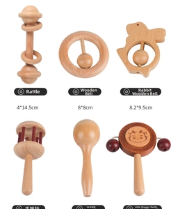 Set of six handcrafted wooden baby rattles and teething toys with precise dimensions