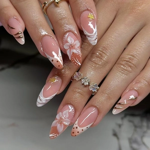 Elegant French Style Press On Nails With 3D Floral Starfish Pattern Polka Dots Gold Lines Hand Painted Artificial ABS Nails Women