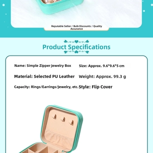 Macro view of portable mint blue PU leather jewelry box with zipper and interior compartments