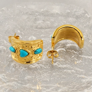 Vintage 18K gold-plated stainless steel earrings with heart and teardrop blue turquoise stones