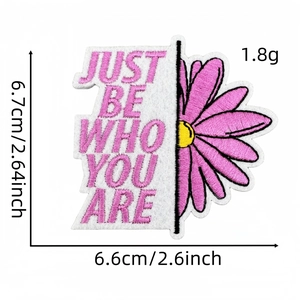 Detailed size chart showing dimensions of the floral embroidered patch with motivational text