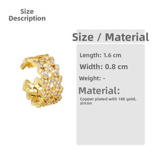 Close-up of 18K gold plated chain ear cuff with cubic zirconia micro-pave detailing