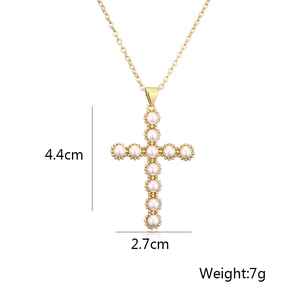 Detailed view of gold plated cross pendant with pearl inlay measurements and weight