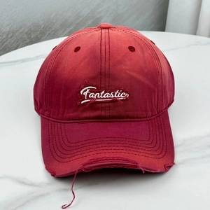 Distressed dark red cotton baseball cap with Fantastic embroidery and wide brim style