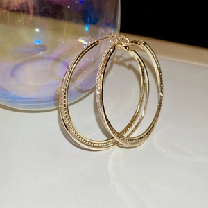 Detailed close-up of gold double-layer twisted hoop earrings with sparkling crystal inlay