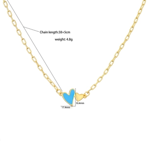 Golden double heart necklace with blue enamel pendant and detailed size specifications