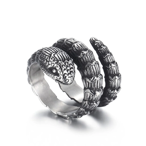 Gothic snake ring in vintage silver finish with detailed scales and wrap-around design