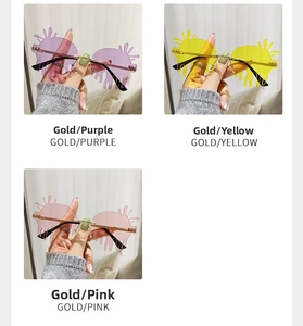Detailed close-up of teardrop rimless sunglasses in purple, yellow and pink lens colors