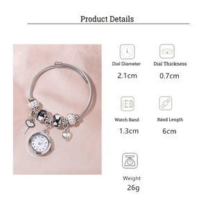 Detailed product dimensions for beaded charm bracelet watch with heart and key pendants
