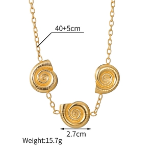 Detail view of 18k gold stainless steel necklace with three spiral snail pendants and sizes