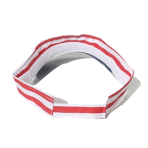 Red and white striped open top sun visor hat with American flag stars and stripes theme