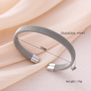 Minimalist stainless steel mesh C-shape cuff bracelet with 58mm inner diameter and 8mm width