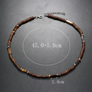 Flat lay of coconut shell bead necklace showing length 45+5cm and 1.4cm rectangle bead size