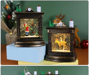Detail of vintage bronze Christmas lanterns with snow globe scenes and sparkling glitter
