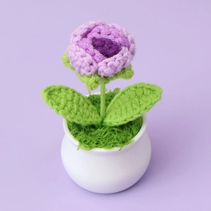 Handmade crochet purple rose mini potted plant for car dashboard and desk decor
