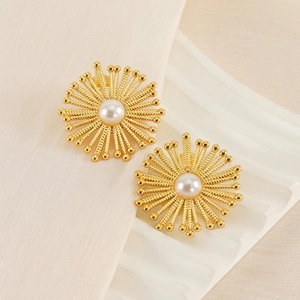 Sunburst Flower Artificial Pearl Stud Earrings 18K Gold Plated Stainless Steel Bohemian Vintage Elegant For Women