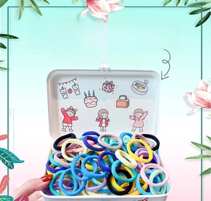 Close-up of colorful seamless high elasticity hair ties in a cute cartoon metal storage box