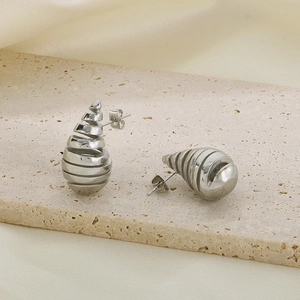 Minimalist silver stainless steel spiral teardrop earrings with a polished hollow design