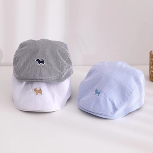 Béret Bébé Coton Rayé Casquette Gavroche Broderie Chien Tout-Petit Garçon Chapeau Gentleman Pare-Soleil Bord Court