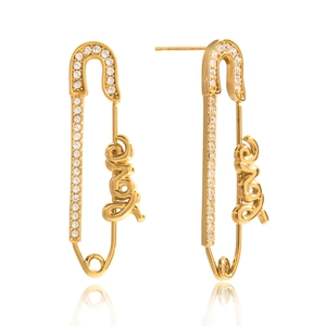 Boucles d'oreilles épingle à nourrice dorées avec strass brillants et inscription Love