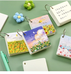 Detail of oil painting landscape notebook with metal ring binding and 3D textured cover
