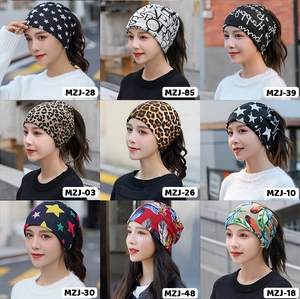 Collage of multi-functional winter snoods and beanies in star, leopard and floral prints