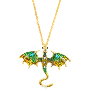 Vintage gold necklace with colorful enamel dragon pendant and sparkling rhinestones